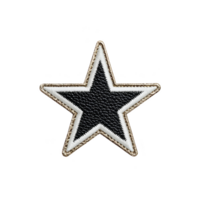 Black and white star patch with gold trim, featuring textured fabric design, is displayed on plain background. patch is suitable for clothing decoration or craft projects png