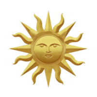 Golden sun with face and stylized rays radiates warmth and positivity. intricate design features smiling expression, symbolizing energy and vitality png