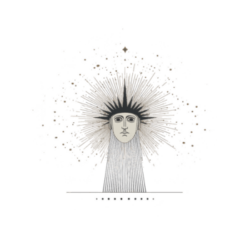 Stylized face with intricate, radiant headdress composed of geometric patterns and lines, creating celestial and mystical appearance. design is symmetrical and artistic png