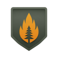 Green shield emblem features orange flame with tree silhouette inside, symbolizing nature and protection. design is simple and bold, conveying sense of adventure and wilderness png