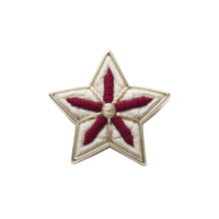 Star shaped embroidered patch with red and white stitching, featuring central design. patch has textured appearance and is likely used for decoration or as accessory png