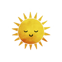 Cute, smiling sun illustration with cheerful expression and bright yellow rays, conveying warmth and happiness. sun face is simple and friendly, adding playful touch png