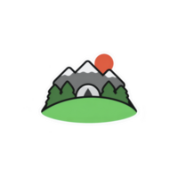 Stylized illustration of mountain landscape features tent nestled between trees, with sun setting behind peaks. design is simple and colorful, evoking sense of adventure and tranquility png