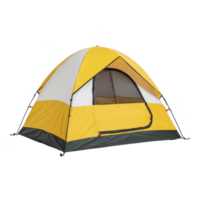 Yellow and gray dome tent with open entrance, designed for outdoor camping. tent features sturdy structure, suitable for various weather conditions, and provides ample space for campers png