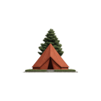 Red triangular tent is pitched on grassy area with tall evergreen tree in background, creating serene camping scene. tent is centered, suggesting peaceful outdoor adventure png