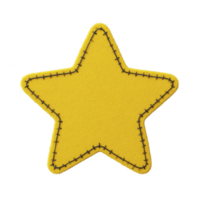 Bright yellow star shaped patch with black stitching on edges, creating playful and cheerful design. texture appears soft, resembling felt or fabric png