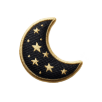 Crescent moon patch with gold stars on transparency background, featuring intricate embroidery and shiny border, evokes celestial and whimsical feel png