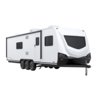 Modern white travel trailer with sleek design and multiple windows, featuring triple axle for stability and spacious interior. Ideal for road trips and outdoor adventures png