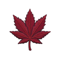 Red embroidered maple leaf patch with detailed stitching, symbolizing nature and national pride, isolated on transparency background png