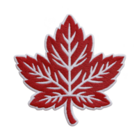 Red maple leaf patch with white embroidery, symbolizing Canada, is displayed on transparency background. intricate stitching highlights leaf veins, creating bold and patriotic design png