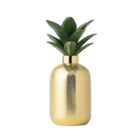 Decorative gold vase with geometric pattern holds green succulent, creating modern and stylish home decor piece. shiny finish adds elegance to any interior space png