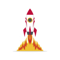 Red and white rocket with flames launching upward, symbolizing innovation and progress. design is simple and dynamic, capturing essence of exploration and adventure png