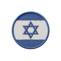 Round embroidered patch features flag of Israel, showcasing blue Star of David centered on transparency background with blue horizontal stripes. patch has textured, stitched appearance png