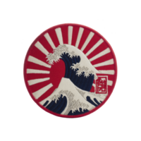 Round embroidered patch features stylized wave design inspired by traditional Japanese art, set against red background with white rays. patch includes Japanese characters png