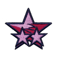Vibrant embroidered patch features three overlapping stars in shades of pink and red, outlined in dark blue. design is bold and eye catching, perfect for adding flair to clothing or accessories png