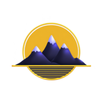 Stylized illustration of three snow capped mountains is set against vibrant yellow sun, creating striking contrast. design features bold lines and modern aesthetic png