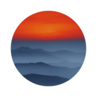 Vibrant sunset casts warm orange glow over layered mountain silhouettes, creating serene and atmospheric landscape within circular frame png
