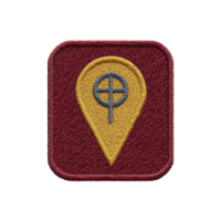 Rectangular embroidered patch features yellow map pin symbol with crosshair design on maroon background, representing navigation or location. patch has textured, stitched appearance png