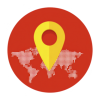 Yellow map pin icon is centered on red circular background with dotted world map design, symbolizing global location or navigation png