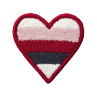 Heart shaped patch with embroidered stripes in red, pink, white, and black, symbolizing specific pride flag. design is bold and colorful, representing identity and community png
