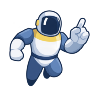Cartoon astronaut character in blue and white spacesuit is floating with one arm raised, suggesting sense of exploration and curiosity. character helmet is reflective, adding futuristic touch png