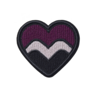 This features heart shaped patch with design shades of purple, gray, and black, symbolizing specific pride flag. embroidered texture adds tactile element to design.heart shaped patch with purple png