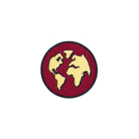 Round embroidered patch features stylized map of world in yellow on red background, symbolizing global unity. patch is outlined in black, adding contrast and definition png