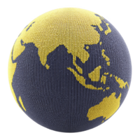 Globe with textured surface displays continents in yellow against transparency background, highlighting Asia and Australia. knitted appearance adds unique, artistic touch png