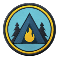 This features circular embroidered patch with camping theme. design includes stylized tent with flame inside, flanked by two pine trees, set against blue background with yellow border png