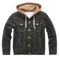 Stylish black denim jacket with brown hood and white drawstrings, featuring button closures and front pockets, perfect for casual wear png