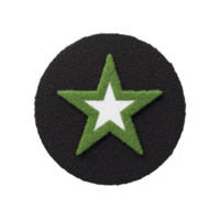 Green star with white center is set against textured black circular background, creating striking contrast. design is simple yet bold, evoking sense of modernity and style png