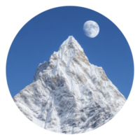 Majestic snow covered mountain peak rises sharply against clear blue sky, with moon visible above, creating serene and awe inspiring natural scene png