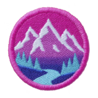 Vibrant embroidered patch features scenic mountain landscape with river and trees, set against gradient pink and purple sky. circular design is bordered with bright pink edge png