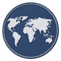 Round embroidered patch features white world map on blue background, symbolizing global unity and exploration. detailed stitching adds texture and depth to design png