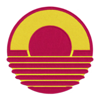 Vibrant, retro style embroidered patch features circular design with yellow sun setting over horizontal red stripes, evoking nostalgic and bold aesthetic png