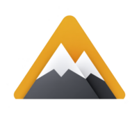 Stylized mountain icon with yellow triangular background and white peaks represents adventure and exploration. design is simple and modern, evoking sense of outdoor enthusiasm png