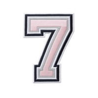 Image shows pink and gray embroidered patch in shape of number seven, featuring bold and stylish design. patch is outlined in black and white, giving it striking appearance png