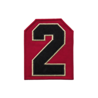 Red fabric patch with bold black number two outlined in gold stitching, set against plain background. patch has rectangular shape with slightly rounded corners png