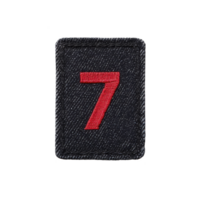 Black fabric patch with red embroidered number seven centered on it, isolated on transparency background. patch has rectangular shape and textured surface png
