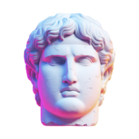 Classical marble bust of man with curly hair is illuminated by colorful lighting, creating modern and artistic contrast. sculpture expression is calm and timeless png