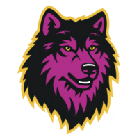 Stylized wolf head logo features bold colors with purple and black design, outlined in yellow. wolf expression is fierce yet approachable, with sharp details highlighting its fur and eyes png