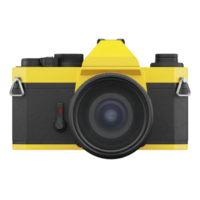 Vibrant yellow and black camera with large lens is shown, featuring classic design and modern details. camera bold color and sleek appearance make it visually striking png