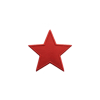 Red star patch with black border on plain background, symbolizing boldness and simplicity. star is embroidered, giving it textured appearance png