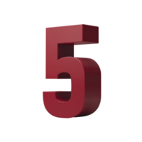 Bold, red 3D number five stands prominently against transparency background, showcasing modern and sleek design. number glossy finish adds touch of elegance and sophistication png