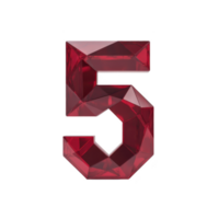 Red, faceted, 3D number five stands out against plain background, resembling gemstone with its geometric design and glossy finish png