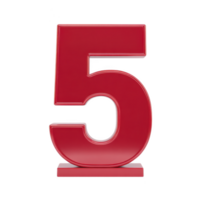 Bold red number five stands upright against transparency background, symbolizing numerical value or ranking. glossy finish adds modern touch, making it suitable for educational or decorative png