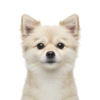 Fluffy Pomeranian dog with cream colored coat looks directly at camera, showcasing its adorable and expressive face. background is plain, highlighting dog features png