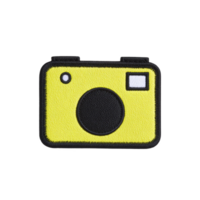 Yellow camera patch with black outline and simple design, featuring lens and flash icon, is displayed on transparent background. patch has textured, embroidered appearance png