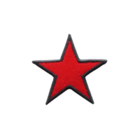 Red star patch with black border, symbolizing boldness and style, isolated on transparency background. This emblem is often used in fashion and design for its striking appearance png
