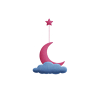 Pink crescent moon and star hang above fluffy blue cloud, creating whimsical and dreamy scene. design is simple yet charming, evoking sense of calm and wonder png